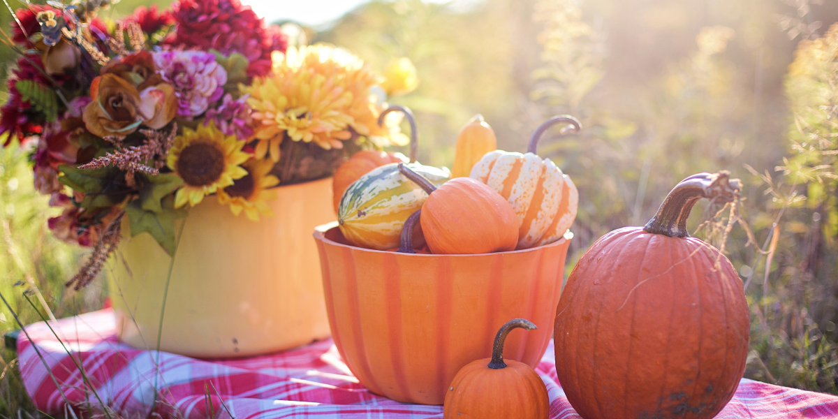 A table with bowls of pumpkins and fall flowers